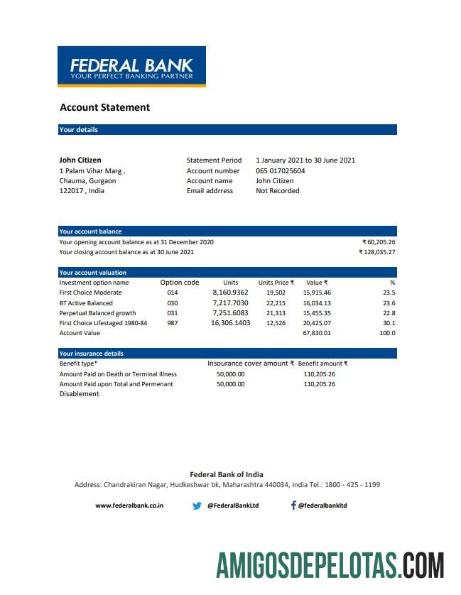Extrato bancário federal da Índia em branco, modelo fácil de preencher em formato de arquivo .xls e .pdf